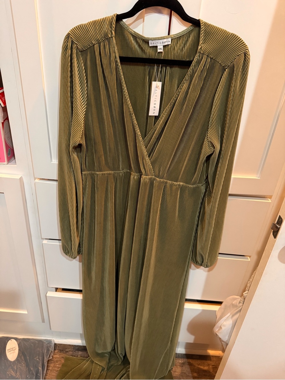 Baltic Born Olive Green Pleated V-Neck Dress